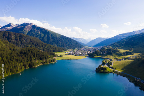 Switzerland, Canton of Grisons, Davos, Aerial view of Lake Davos in summer photo