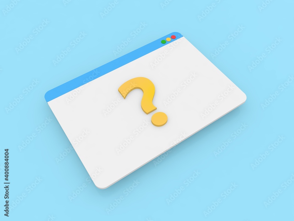Internet browser page and question mark on a blue background. 3d render illustration. Internet browser page and question mark on a blue background. 3d render illustration.