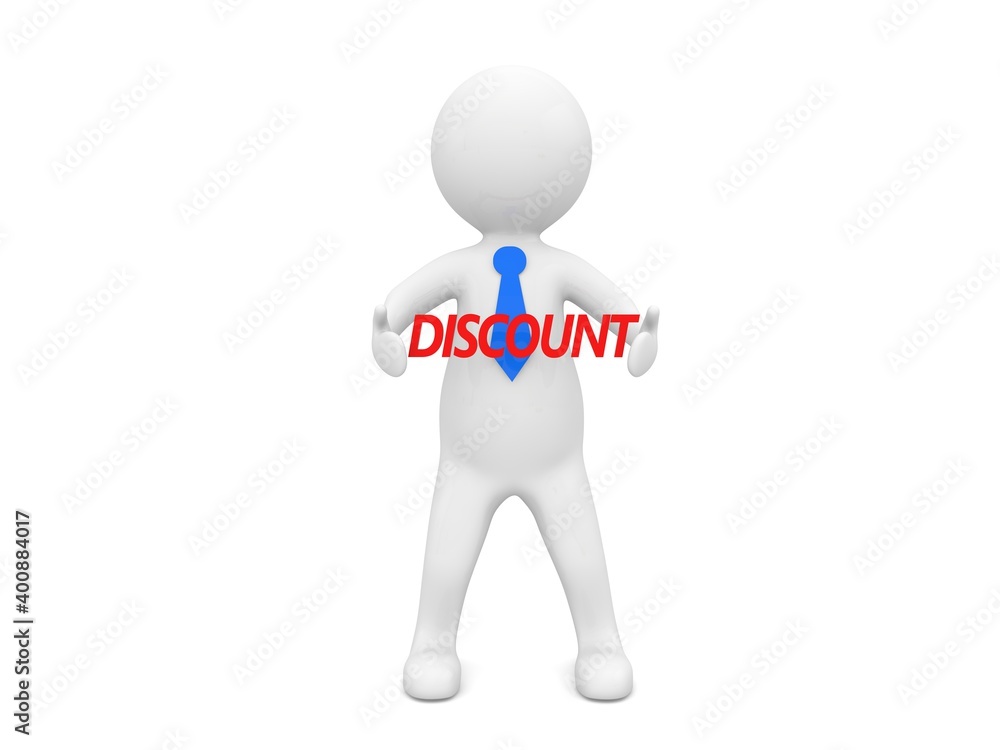 Businessman with word discount on white background. 3d render illustration. Businessman with word discount on white background. 3d render illustration.