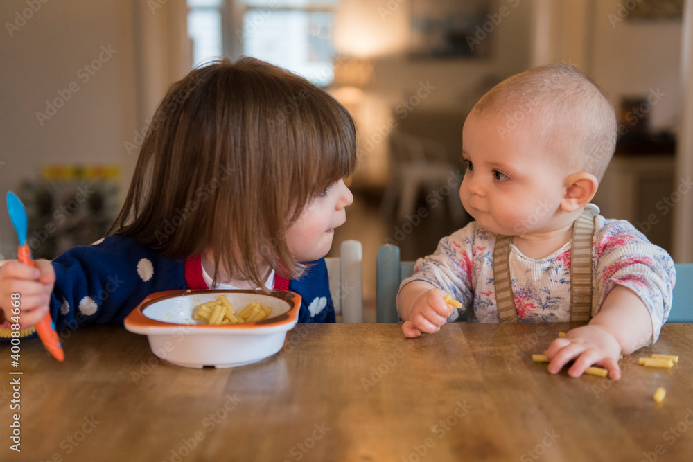 Sisters (12-17 months, 2-3) having lunch at home Sisters (12-17 months, 2-3) having lunch at home