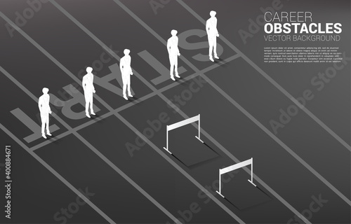 Silhouette one of businessman standing with hurdles obstacle . Concept of career obstacles and inequality
