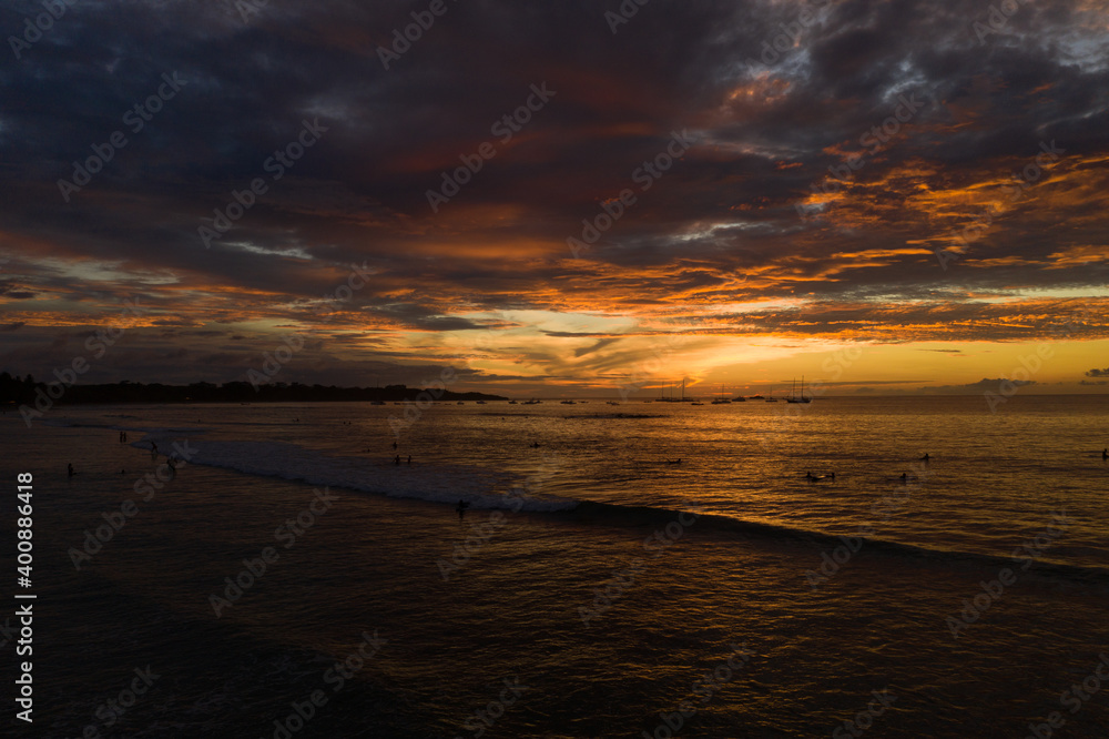 A high definition aerial sunset of the beach in Tamarindo Costa Rica.