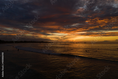 A high definition aerial sunset of the beach in Tamarindo Costa Rica.