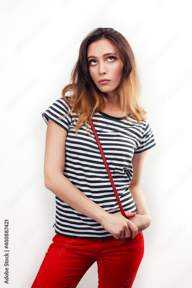 young pretty teenage hipster girl posing emotional happy smiling on white background, lifestyle people concept young pretty teenage hipster girl posing emotional happy smiling on white background, lifestyle people concept