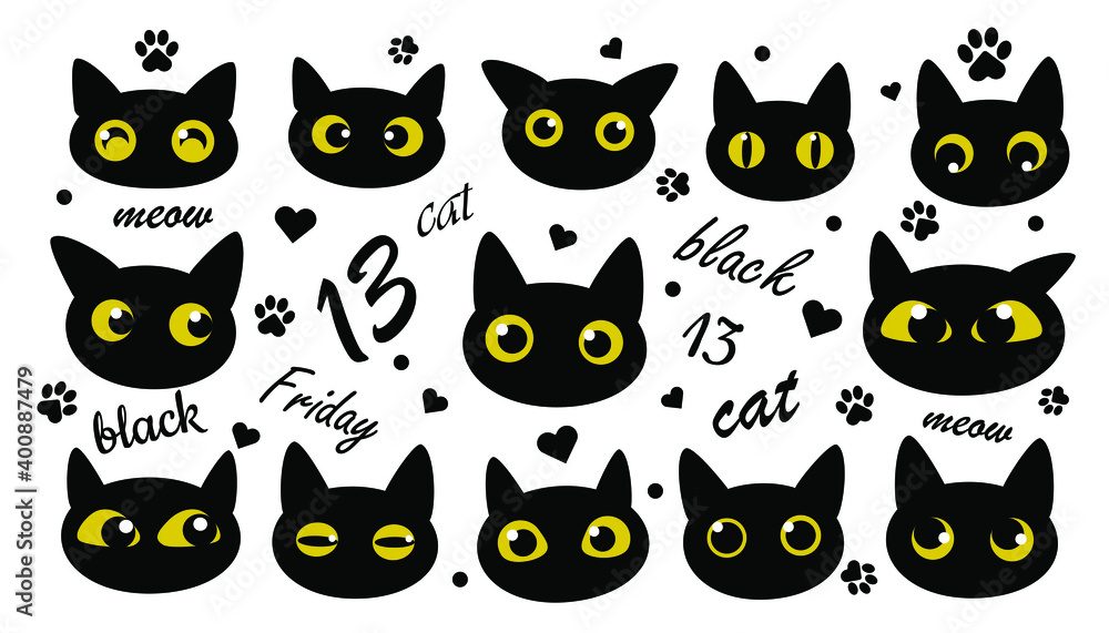 A set of 13 black cats with different emotions and eyes. Cheerful positive animals for fashion prints, textiles, design, clothing. Vector illustration. A set of 13 black cats with different emotions and eyes. Cheerful positive animals for fashion prints, textiles, design, clothing. Vector illustration.
