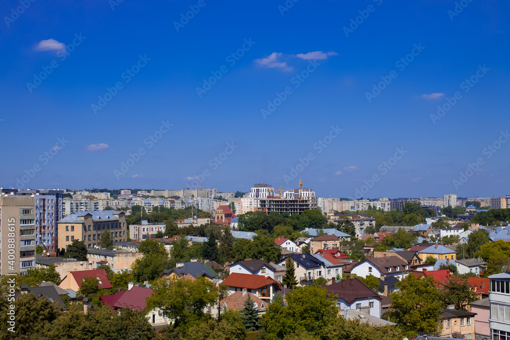 rustic city aerial top view Easter Europe Ukrainian town Lviv small houses buildings in summer clear weather day time