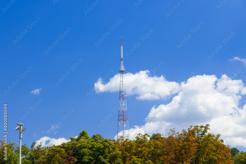 Obraz premium TV tower local infrastructure communication object high metal construction building above green foliage park district clear weather day time blue sky background