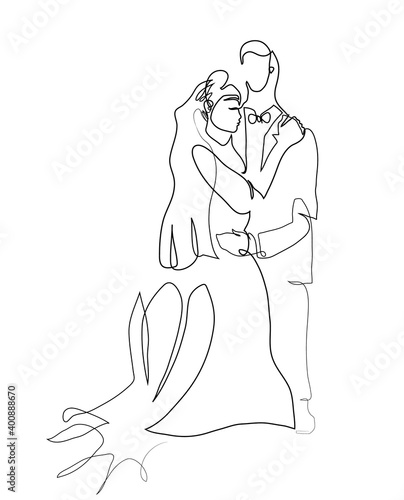 One continuous line drawing of happy stylish bride and groom. One line drawing of marriage, newlywed couple concept.