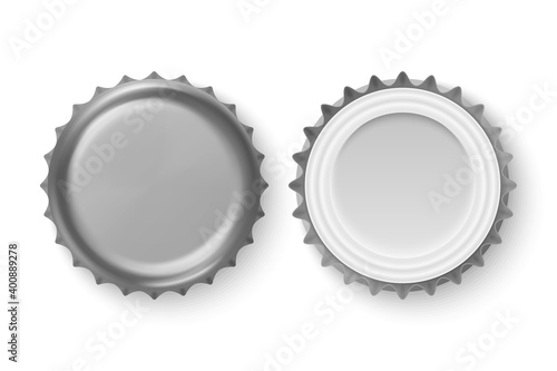 Vector 3d Realistic Metal Silver Gray Blank Beer Bottle Cap Icon Set Closeup Isolated on White Background. Design Template for Mock up, Package, Advertising. Top and Bottom View
