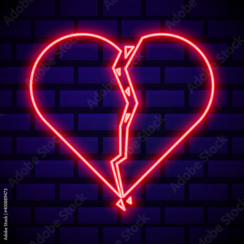 Broken heart neon light icon. Heartbreak glowing sign. Beak up. Vector isolated illustration