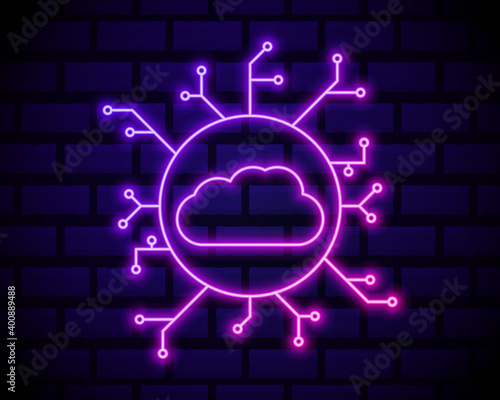 Neon cloud hosting icon. Glowing neon cloud service, online datacenter in vivid colors. SaaS solution, computing center, data exchange platform. Icon set, sign, symbol for UI. Vector illustration