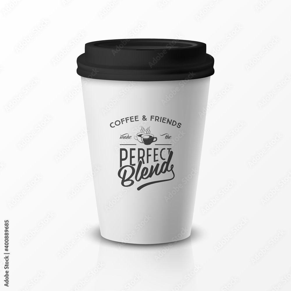 Vector 3d Relistic Paper or Plastic Disposable White Coffee Cup with Black Cap. Quote, Phrase about Coffee. Design Template for Cafe, Restaurant Brand Identity, Mockup. Front View Vector 3d Relistic Paper or Plastic Disposable White Coffee Cup with Black Cap. Quote, Phrase about Coffee. Design Template for Cafe, Restaurant Brand Identity, Mockup. Front View