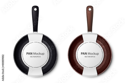 Vector 3d Realistic Black and Brown Empty Frying Pan with Paper Label Set Closeup Isolated on White Background. Design Template for Mockup. Top View