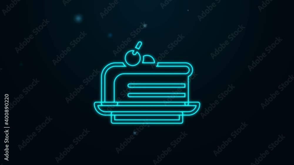 Glowing neon line Piece of cake icon isolated on black background. Happy Birthday. 4K Video motion graphic animation Glowing neon line Piece of cake icon isolated on black background. Happy Birthday. 4K Video motion graphic animation