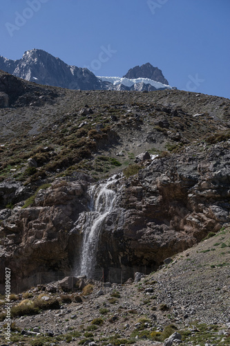 Meson Alto Glacier, located in beautiful high mountains in Cajon del Maipo, Santiago de Chile in the Andes mountain range, Chilean Patagonia