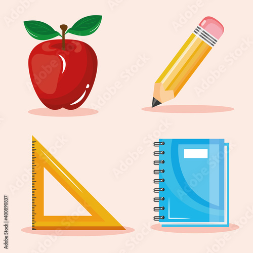 bundle of four back to school set collection icons vector illustration design