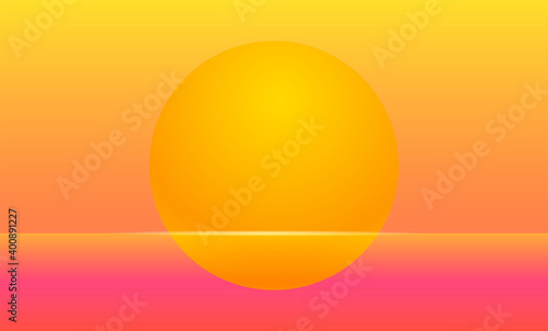 Setting sun Vector illustration for posters and banners Futuristic landscape in retro style with light flash on sunset sea