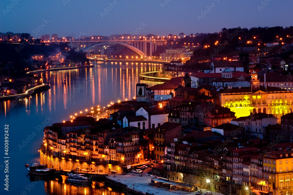 View of Porto and the Douro from the Serra do Pilar at dusk, Portugal, Porto