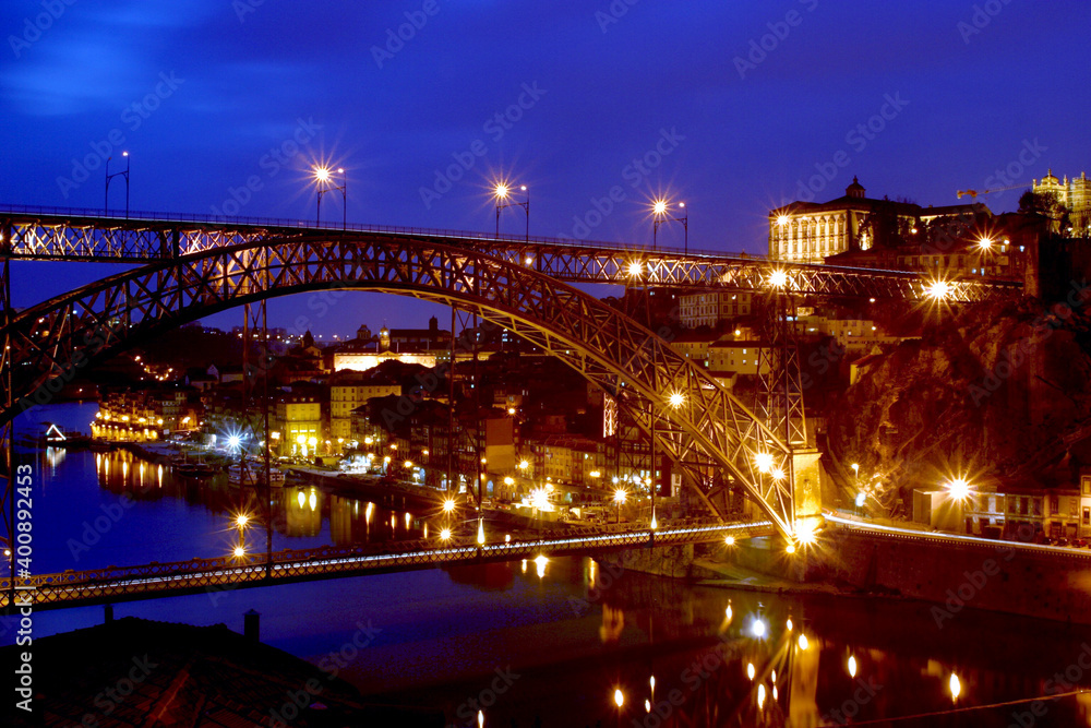 View of Porto and the Douro from the Serra do Pilar at dusk, Portugal, Porto