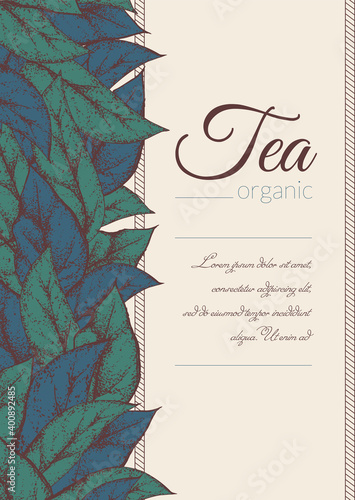 Vector decorative vintage banner with tea or flower leaves and text. Imitation of hand drawing on old craft paper. Tea packaging and label design. Poster or invitation for the holiday. Herbal pattern.