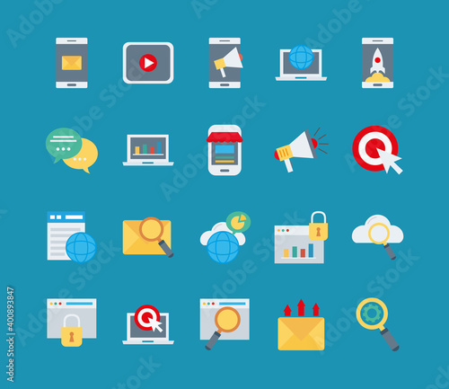 bundle of twenty marketing digital set icons vector illustration design