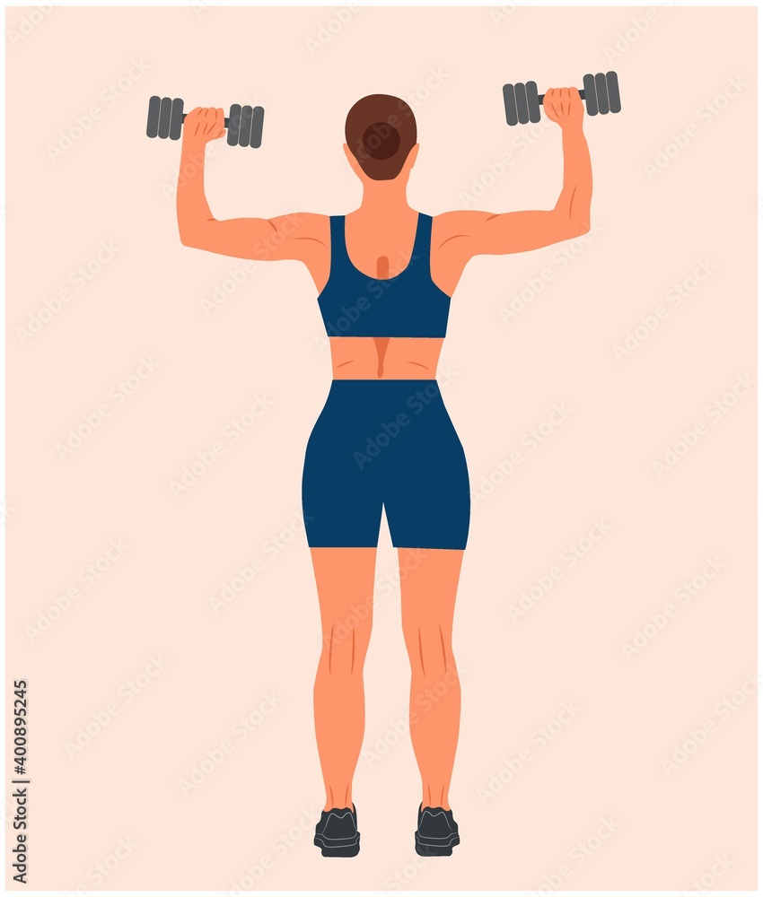 Fitness Model or Trainer. The woman standing with the sportswear. Strong Woman with dumbbells working out. Athletic woman turning her back with holding two dumbbells Isolated flat vector illustration Fitness Model or Trainer. The woman standing with the sportswear. Strong Woman with dumbbells working out. Athletic woman turning her back with holding two dumbbells Isolated flat vector illustration