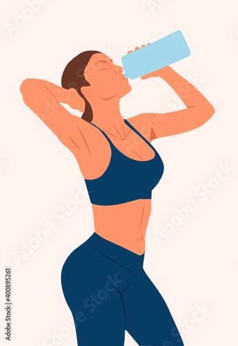Bodybuilder Fitness Model standing with the sportswear and drinking water after exercise, healty and sport concept. Isolated vector illustration Athletic girl drinks water after a workout from bottle