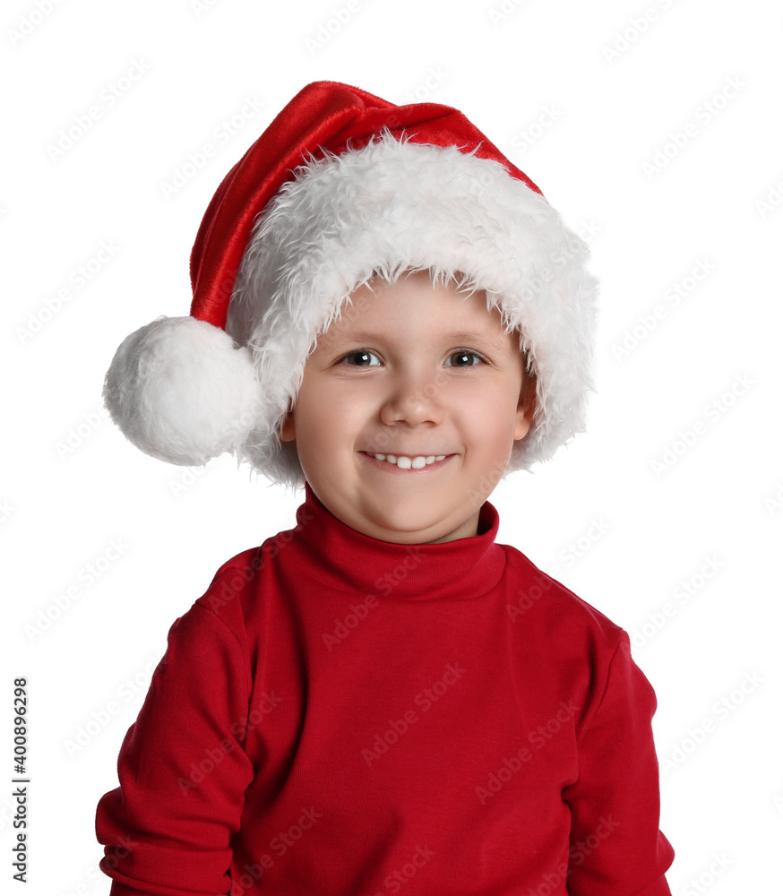Cute child in Santa hat on white background. Christmas celebration Cute child in Santa hat on white background. Christmas celebration