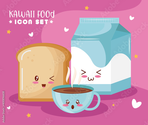 bread with coffee and milk kiut food kawaii characters vector illustration design