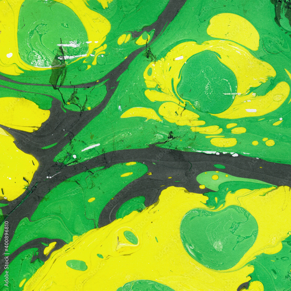 Obraz premium Colorful marble ink texture on watercolor paper background. Marble stone image. Bath bomb effect. Psychedelic biomorphic art.