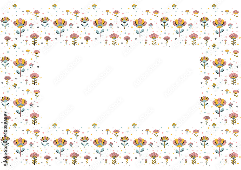 Rectangular frame of A4 size made of cute scandinavian abstract flower doodles, contour hearts, circles on a white background. Childrens girly isolated blank border. Greeting card, invitation. Vector. Rectangular frame of A4 size made of cute scandinavian abstract flower doodles, contour hearts, circles on a white background. Childrens girly isolated blank border. Greeting card, invitation. Vector.