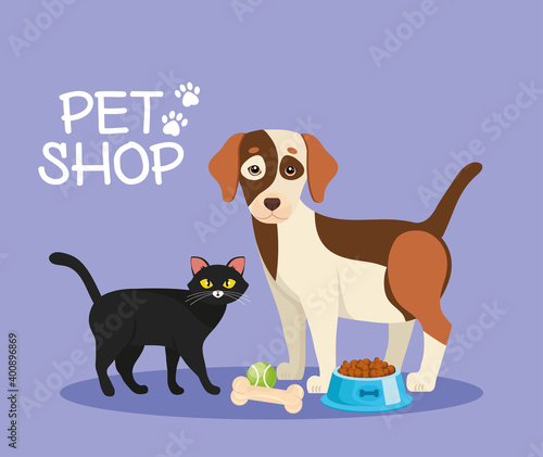 cat and dog with pet shop set icons vector illustration design