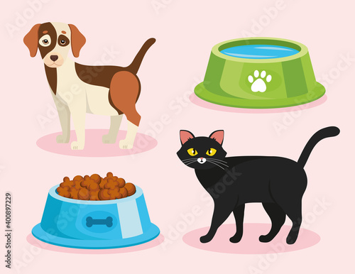bundle of four pet shop set icons vector illustration design