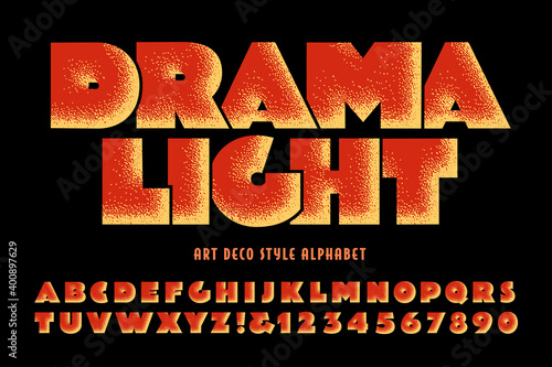 An art deco style font with stipple effects and a dramatic stage uplight effect.