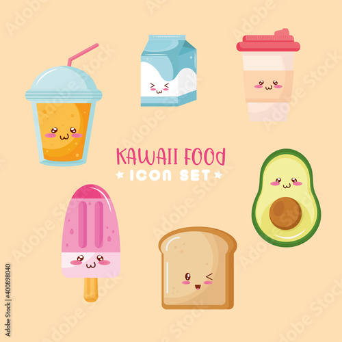 bundle of six kiut food kawaii characters around and lettering vector illustration design