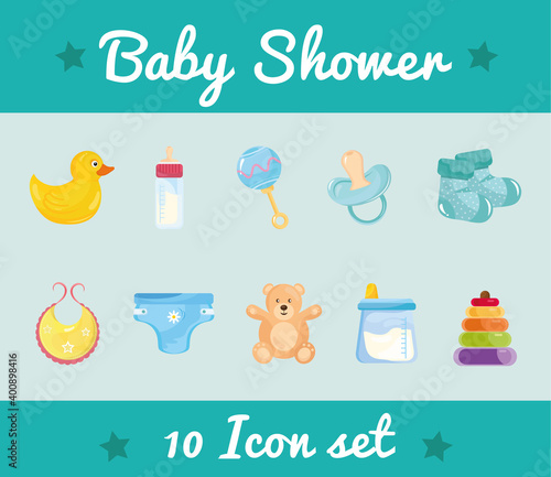 bundle of ten baby shower set icons and lettering vector illustration design