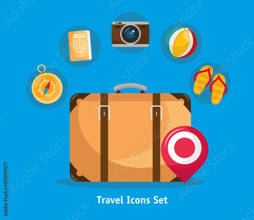 bundle of seven vacations travel set icons and lettering vector illustration design