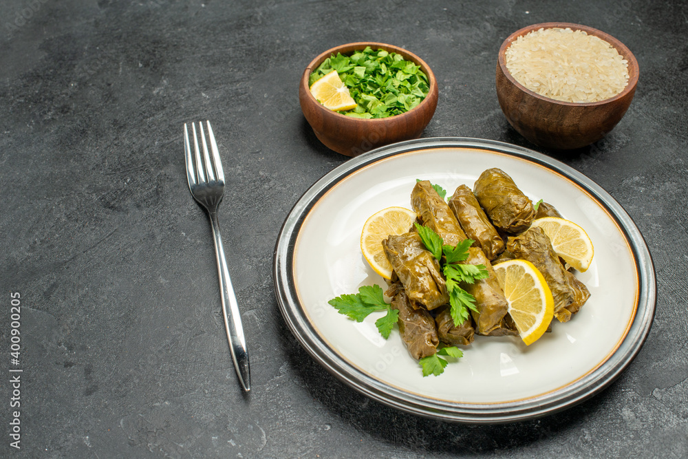 bottom view stuffed grape leaves on white plate bowls of parsley and rice a fork on dark background with free space bottom view stuffed grape leaves on white plate bowls of parsley and rice a fork on dark background with free space