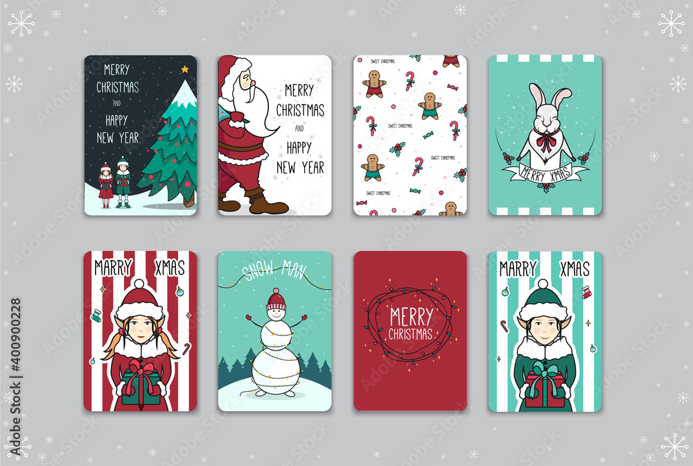 Image with New Year's cards. Postcard with Christmas tree and elves, Santa, gingerbread man and caramels, bunny, elf girl, snowman, garland, elf boy. Vector illustration.