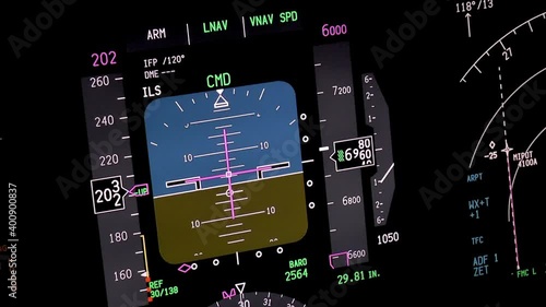 Flight instruments display of a modern passenger airplane flying at night. Actual cockpit footage. Aircraft is descending for landing. photo