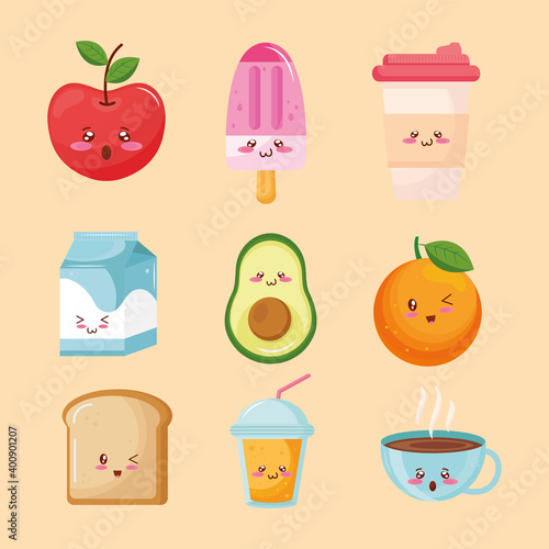 bundle of nine kiut food kawaii characters vector illustration design
