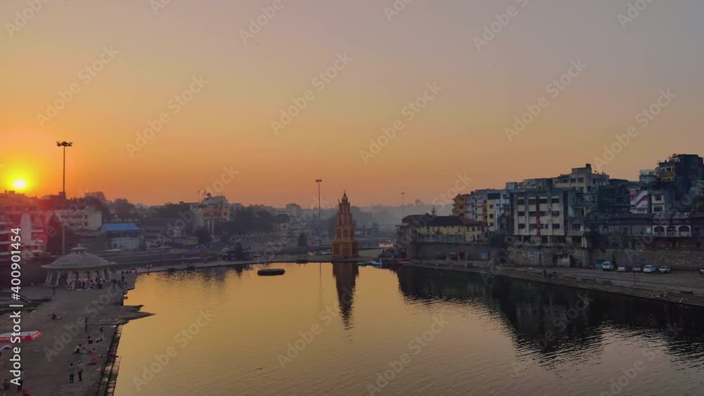 Beautiful Sunrise at Godavari River in the Middle of the City, Panning right 4k shot Beautiful Sunrise at Godavari River in the Middle of the City, Panning right 4k shot