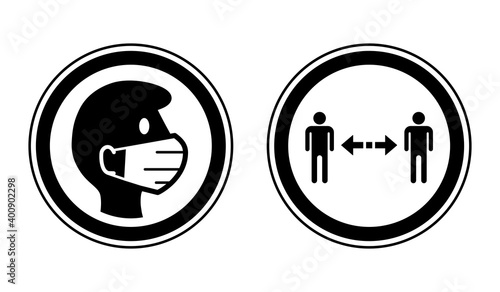 Wear a Face Mask and Keep Your Distance Round Warning or Instruction Icon Set against the Spread of Coronavirus Covid-19. Vector Image.