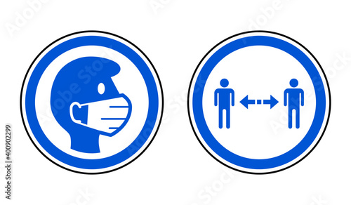 Wear a Face Mask and Keep Your Distance Round Warning or Instruction Icon Set against the Spread of Coronavirus Covid-19. Vector Image.