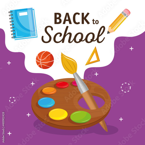 back to school lettering with pallete paint and icons vector illustration design