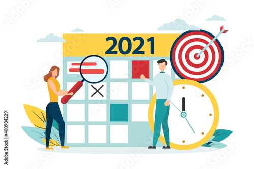 vector illustration. human characters make up an online timetable on a tablet. Planning for 2021. designing business graphics, planning tasks for the week - Vector.