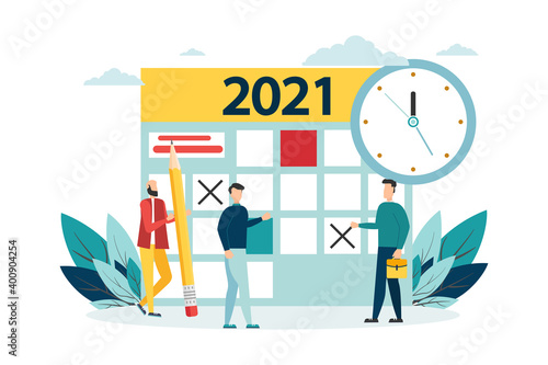 vector illustration. human characters make up an online timetable on a tablet. Planning for 2021. designing business graphics, planning tasks for the week - Vector.