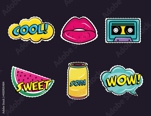 bundle of six pop art stickers set icons vector illustration design
