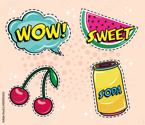 bundle of four pop art stickers icons vector illustration design