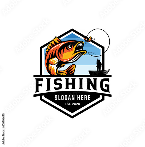 Modern summer fishing logo Mascot badge Vector Design illustration